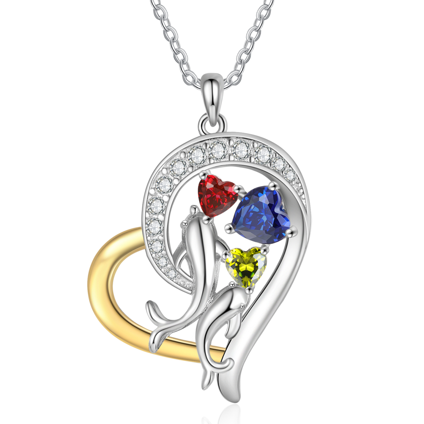 Personalised Dolphin Heart Necklace with Custom 3 Names & 3 Birthstones Christmas Gift for Her | Jessemade