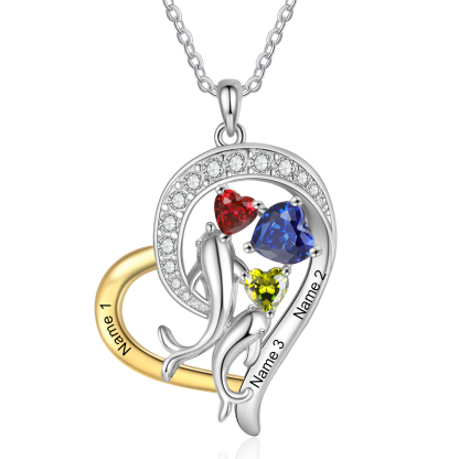 Personalised Dolphin Heart Necklace with Custom 3 Names & 3 Birthstones Christmas Gift for Her | Jessemade