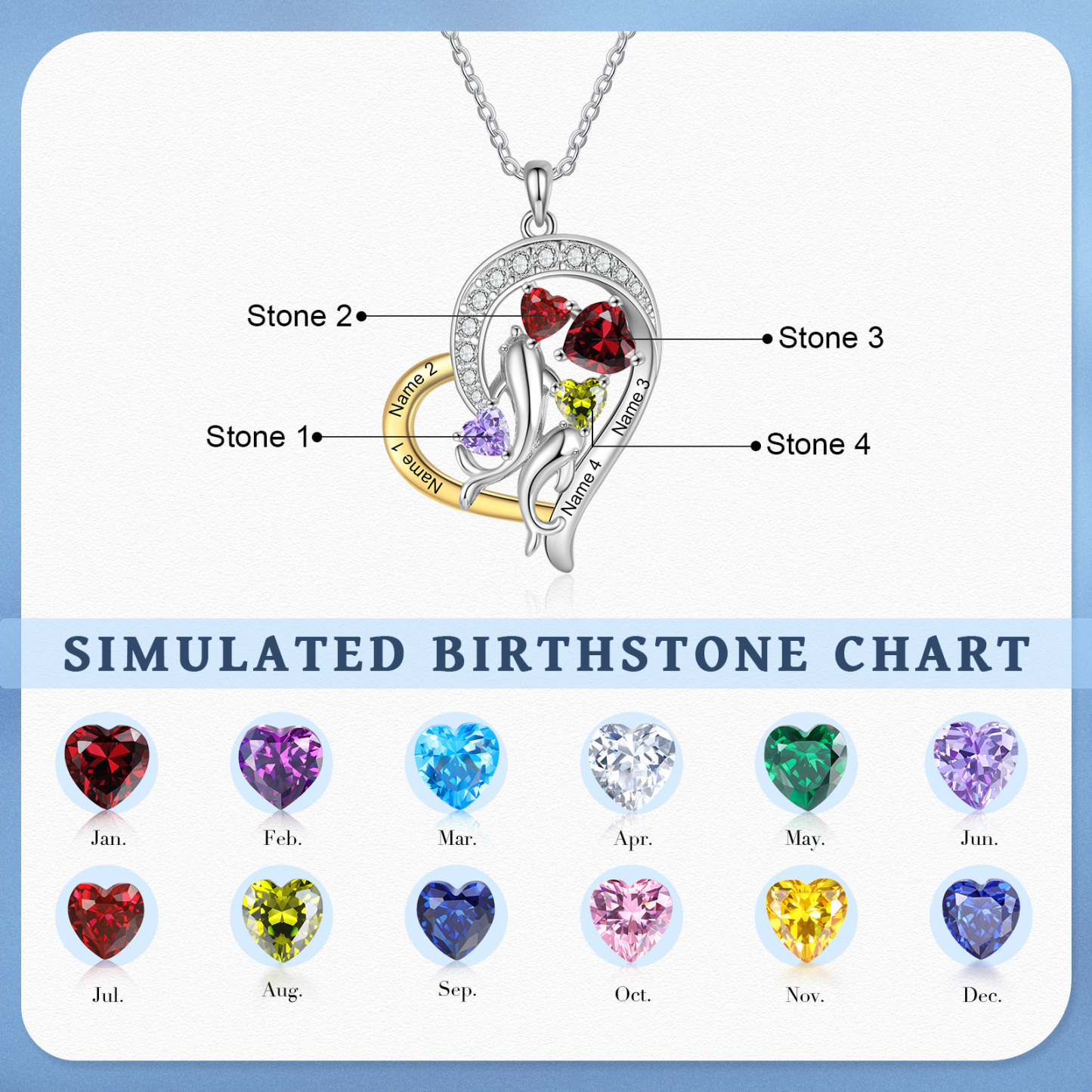 Personalised Dolphin Heart Necklace with Custom 4 Names & 4 Birthstones Christmas Gift for Her | Jessemade