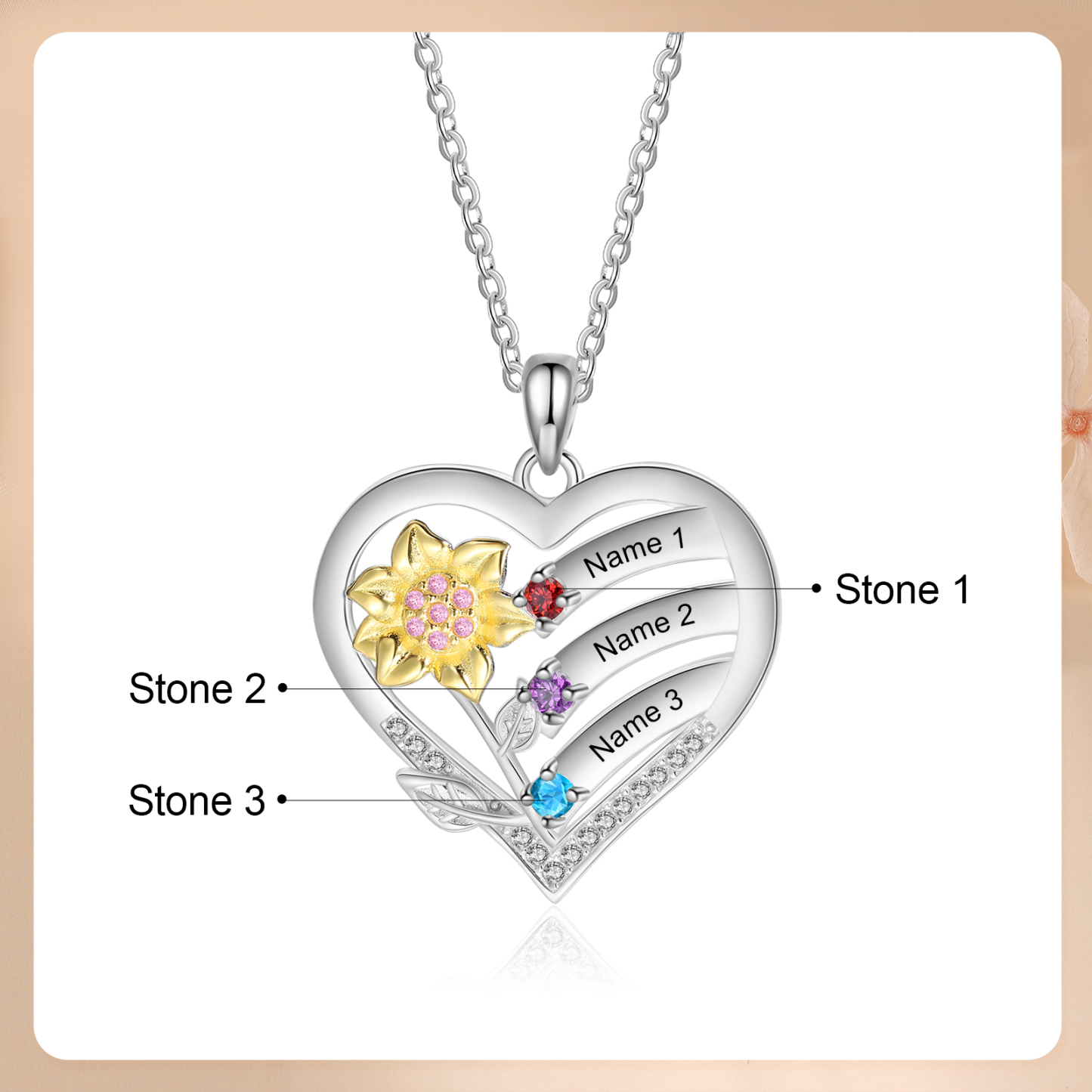 S925 Silver Heart Birthstone Necklace with Sunflower Design - Custom 3 Names & 3 Birthstones Gift for Her | Jessemade