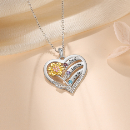 S925 Silver Heart Birthstone Necklace with Sunflower Design - Custom 3 Names & 3 Birthstones Gift for Her | Jessemade