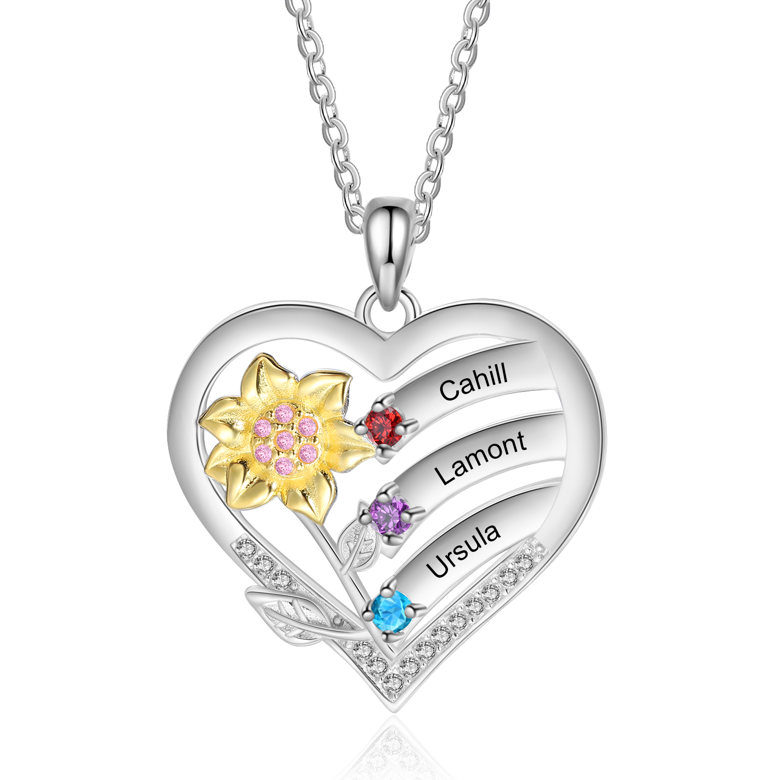 S925 Silver Heart Birthstone Necklace with Sunflower Design - Custom 3 Names & 3 Birthstones Gift for Her | Jessemade