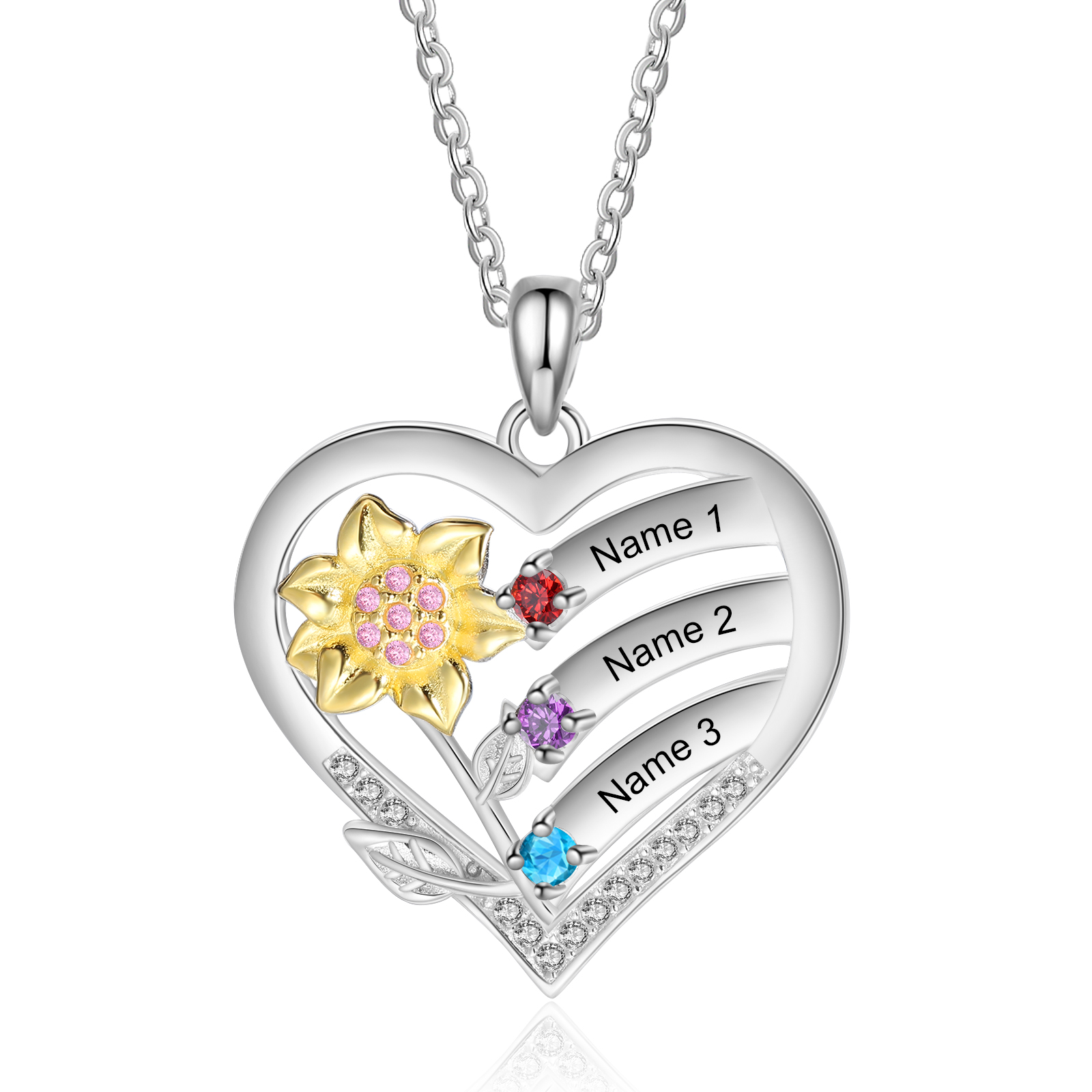 S925 Silver Heart Birthstone Necklace with Sunflower Design - Custom 3 Names & 3 Birthstones Gift for Her | Jessemade