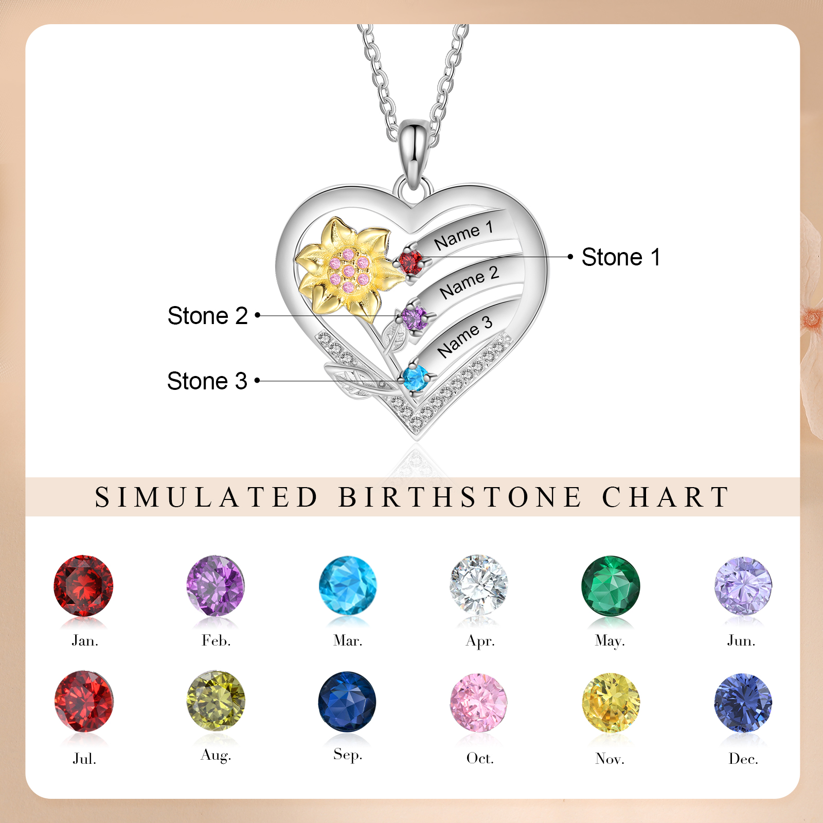 S925 Silver Heart Birthstone Necklace with Sunflower Design - Custom 3 Names & 3 Birthstones Gift for Her | Jessemade
