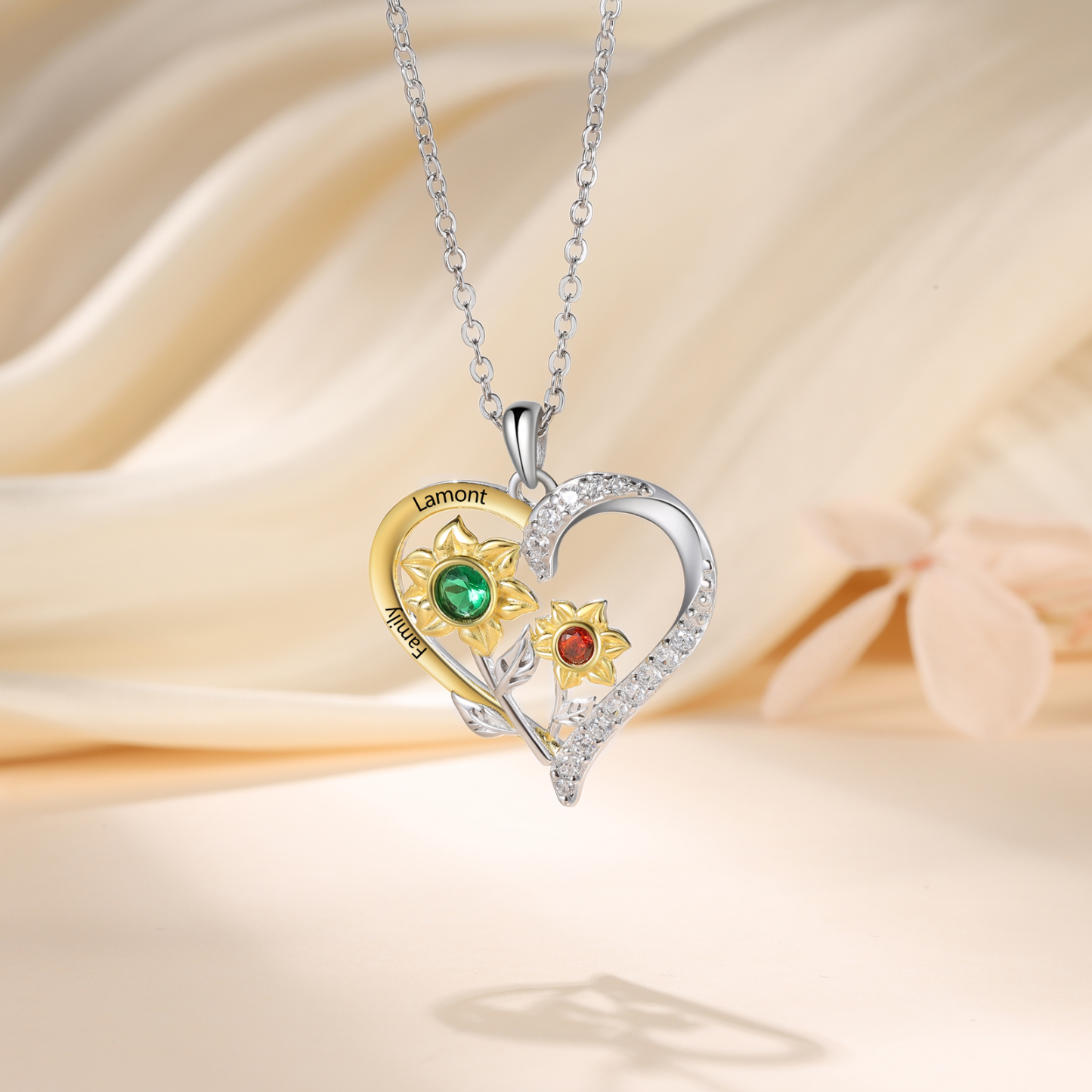 Personalised Sunflower Heart Birthstone Necklace in S925 Silver,Custom 2 Names & 2 Birthstones for Her | essemade
