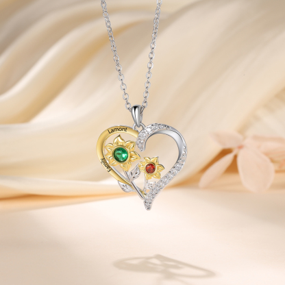 Personalised Sunflower Heart Birthstone Necklace in S925 Silver,Custom 2 Names & 2 Birthstones for Her | essemade
