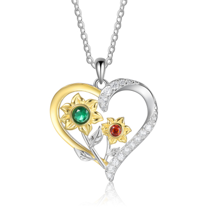 Personalised Sunflower Heart Birthstone Necklace in S925 Silver,Custom 2 Names & 2 Birthstones for Her | essemade