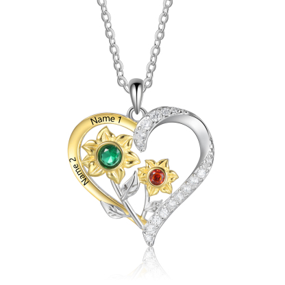 Personalised Sunflower Heart Birthstone Necklace in S925 Silver,Custom 2 Names & 2 Birthstones for Her | essemade
