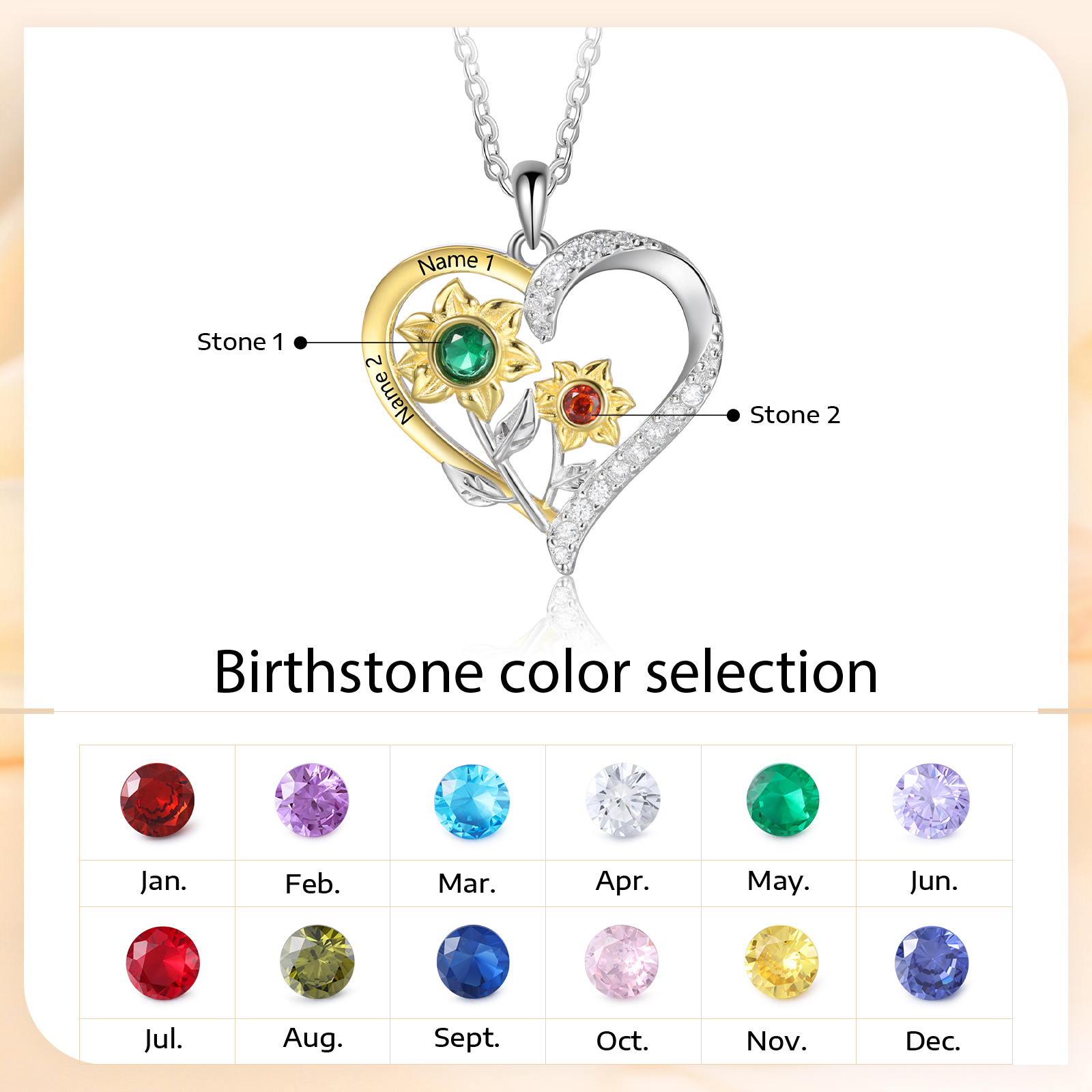 Personalised Sunflower Heart Birthstone Necklace in S925 Silver,Custom 2 Names & 2 Birthstones for Her | essemade
