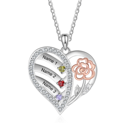 Personalised Heart-Shaped Birthstone Necklace in S925 Silver - Custom 3 Names & Birthstones Gift for Her | Jessemade