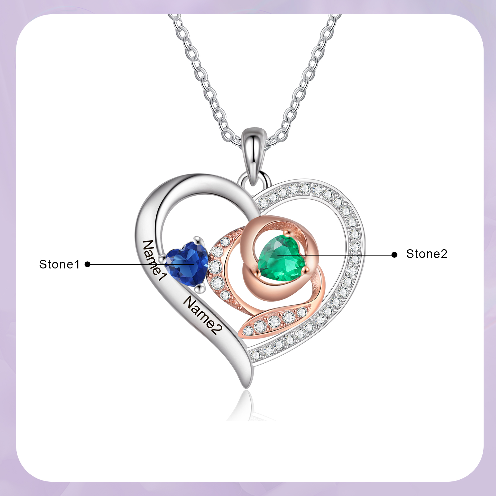 Personalised S925 Silver Heart-Shaped Birthstone Necklace - Custom 2 Names & 2 Birthstones Gift for Her | Jessemade