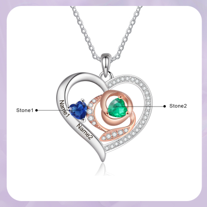 Personalised S925 Silver Heart-Shaped Birthstone Necklace - Custom 2 Names & 2 Birthstones Gift for Her | Jessemade