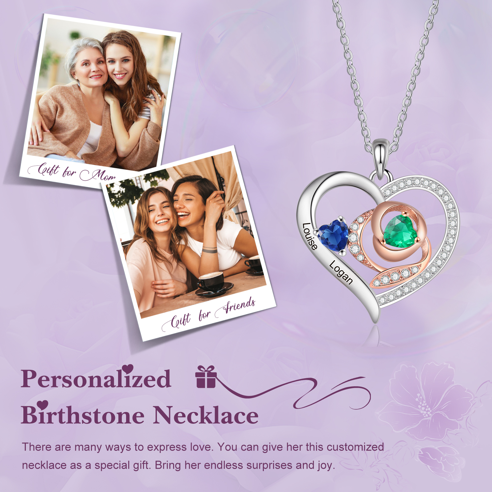Personalised S925 Silver Heart-Shaped Birthstone Necklace - Custom 2 Names & 2 Birthstones Gift for Her | Jessemade