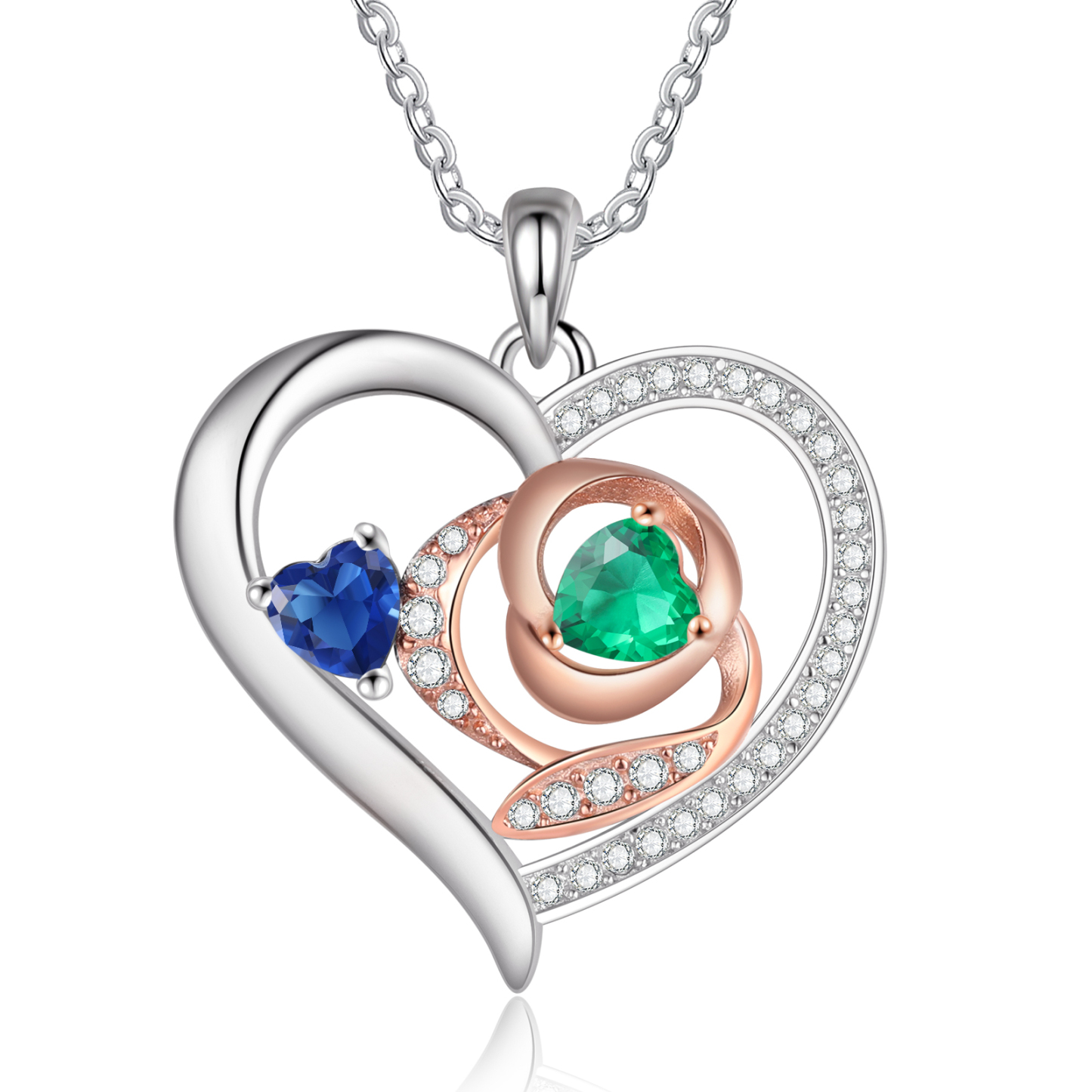 Personalised S925 Silver Heart-Shaped Birthstone Necklace - Custom 2 Names & 2 Birthstones Gift for Her | Jessemade