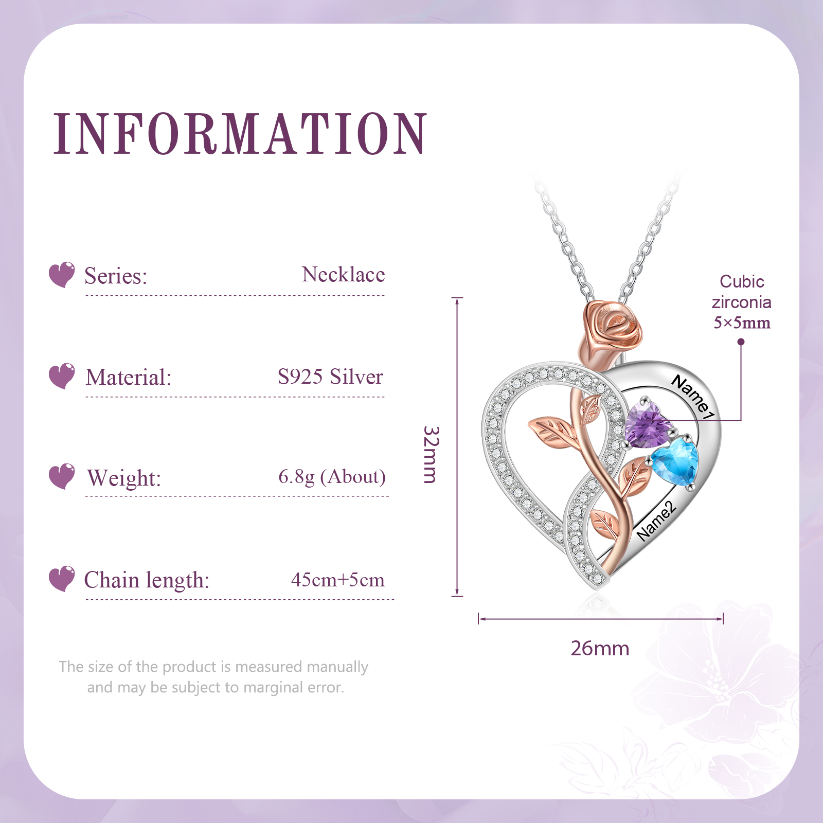 Personalised S925 Silver Heart Birthstone Necklace with Rose Design - Custom 2 Names & 2 Birthstones Gift for Her| Jessemade