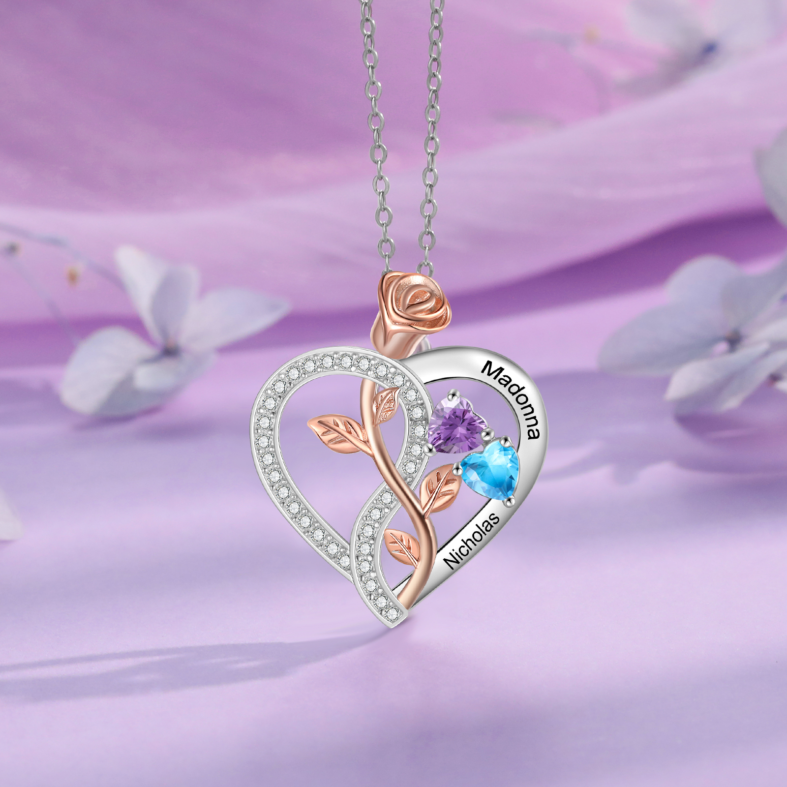 Personalised S925 Silver Heart Birthstone Necklace with Rose Design - Custom 2 Names & 2 Birthstones Gift for Her| Jessemade