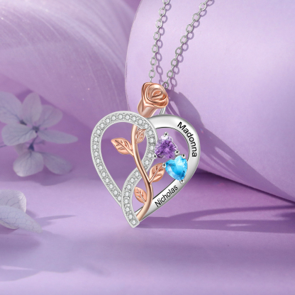 Personalised S925 Silver Heart Birthstone Necklace with Rose Design - Custom 2 Names & 2 Birthstones Gift for Her| Jessemade