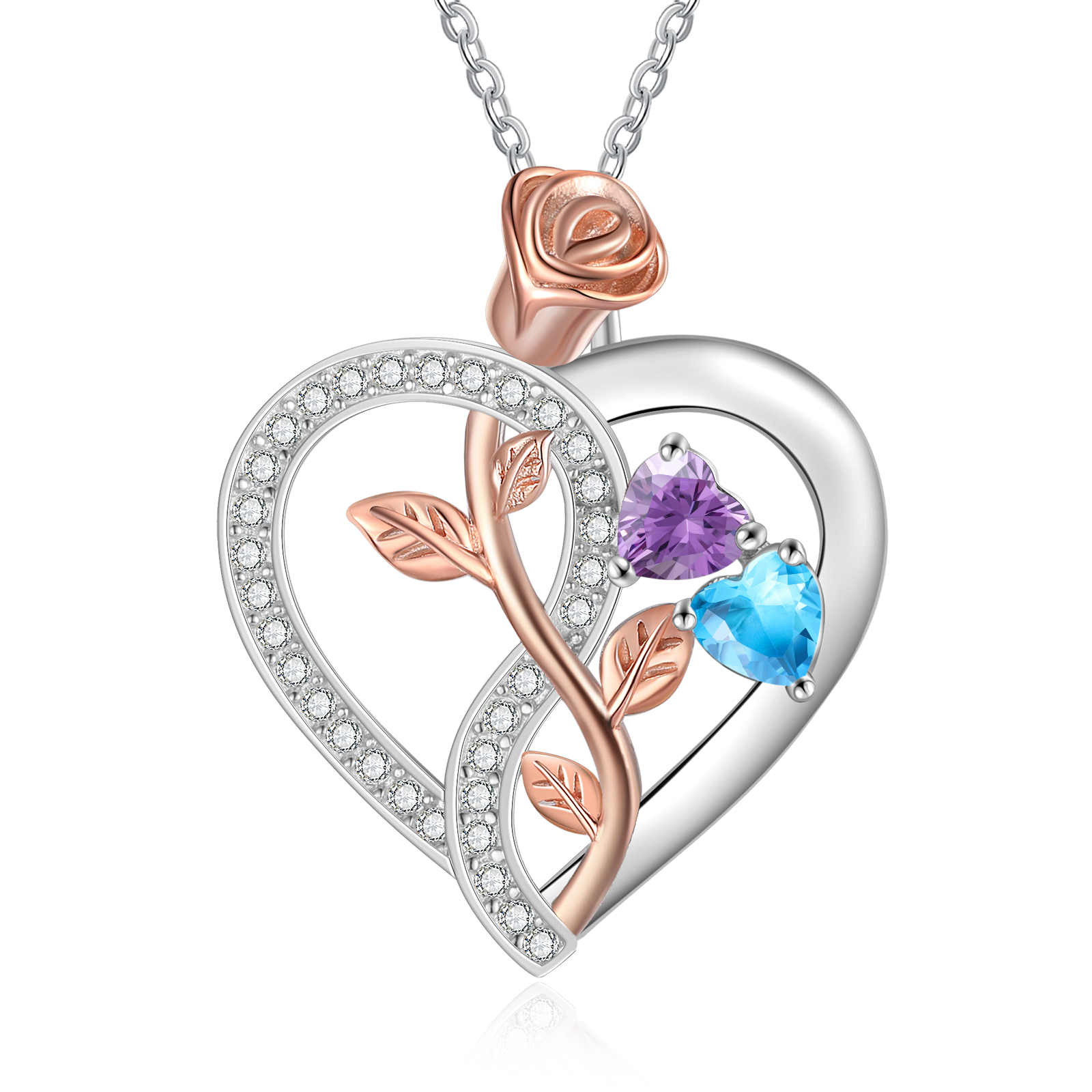 Personalised S925 Silver Heart Birthstone Necklace with Rose Design - Custom 2 Names & 2 Birthstones Gift for Her| Jessemade