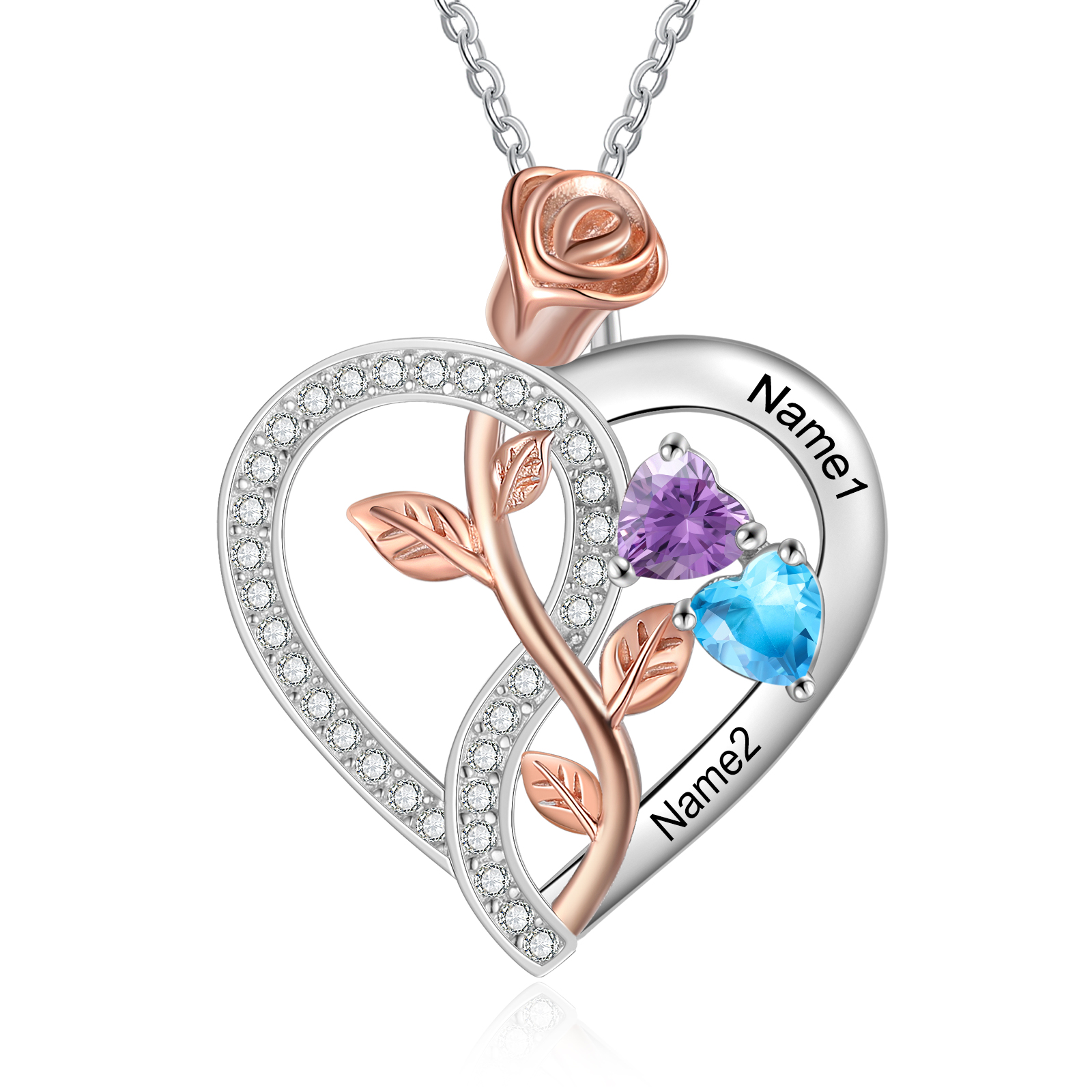 Personalised S925 Silver Heart Birthstone Necklace with Rose Design - Custom 2 Names & 2 Birthstones Gift for Her| Jessemade