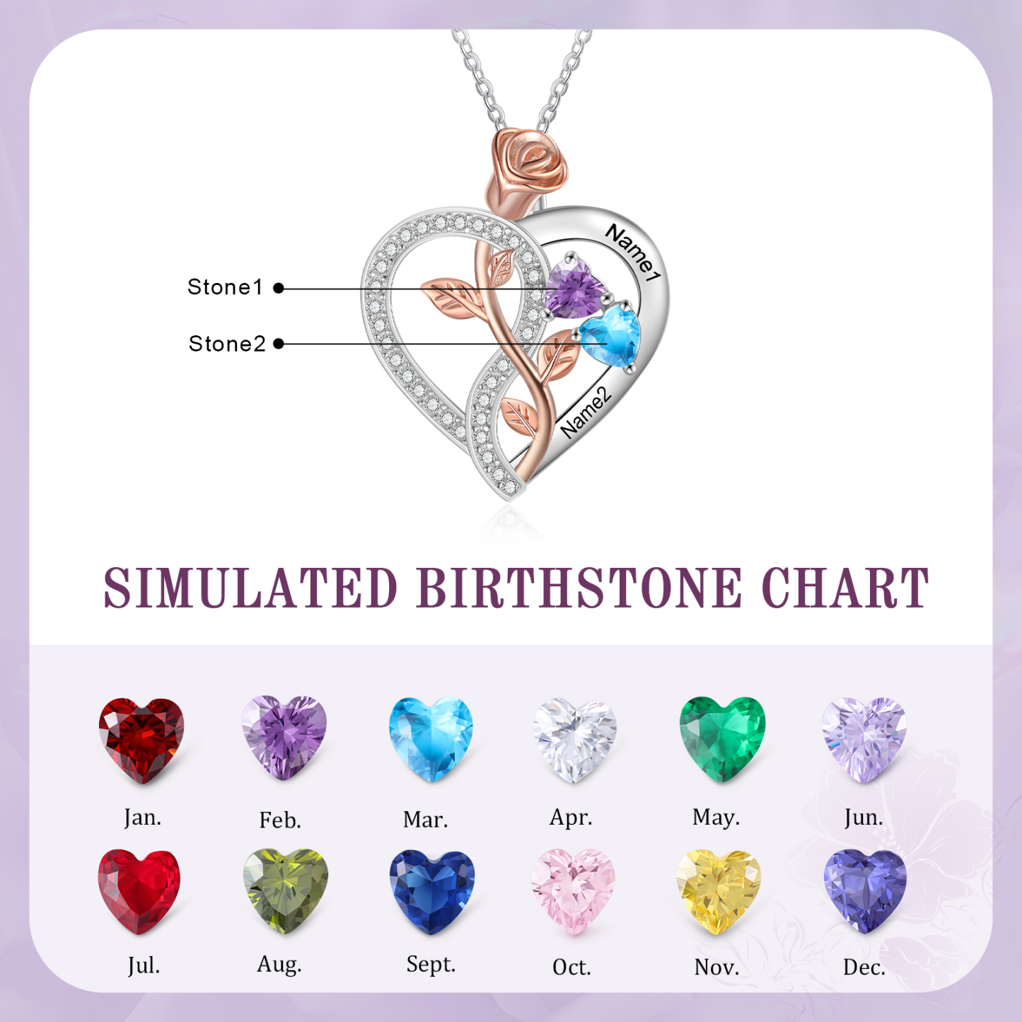 Personalised S925 Silver Heart Birthstone Necklace with Rose Design - Custom 2 Names & 2 Birthstones Gift for Her| Jessemade