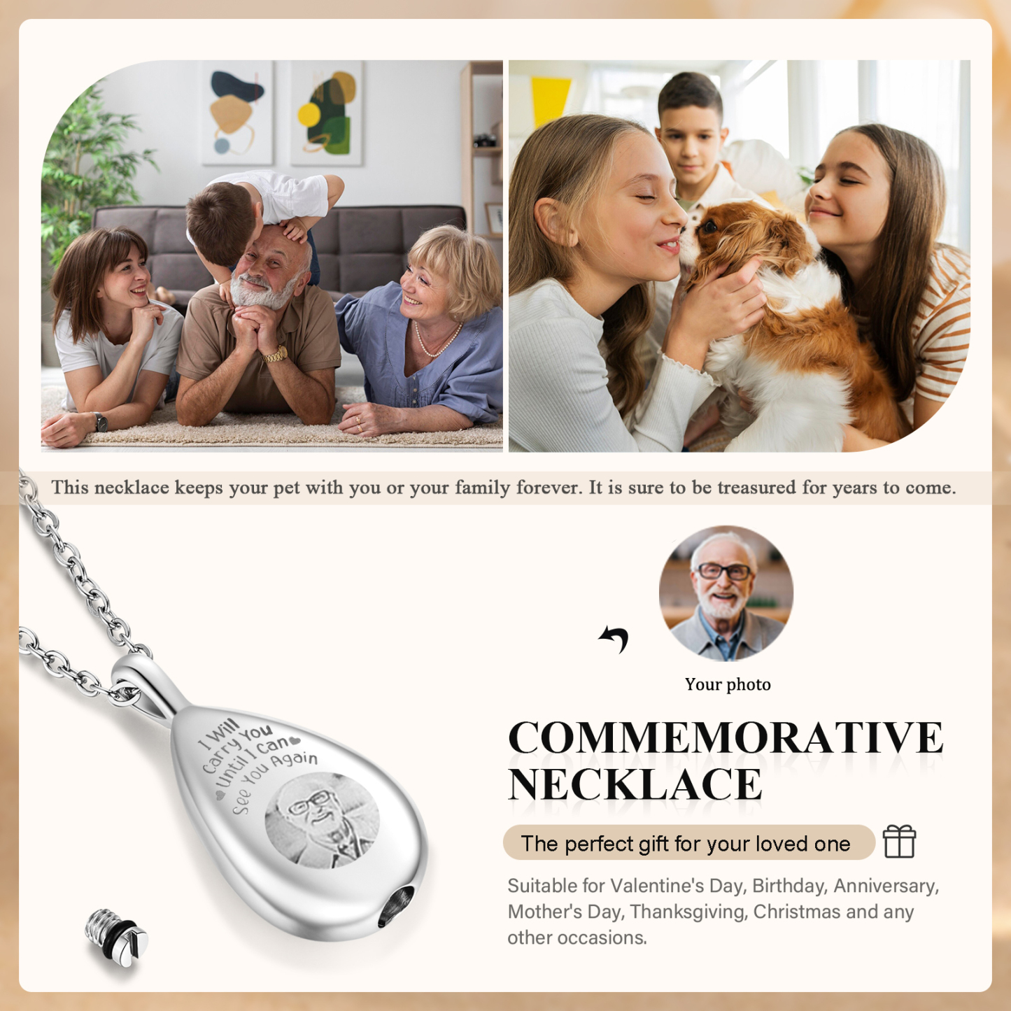 Personalised Memorial Necklace with Custom Photo Stainless Steel Necklace Gift for Loved Ones | Jessemade