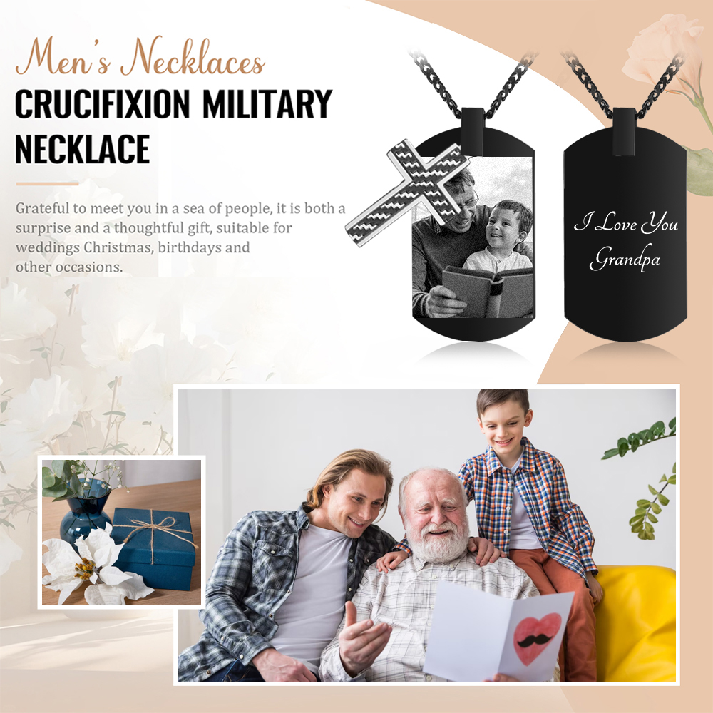 Personalised Cross and Photo Dog Tag Necklace - Custom Photo & Text Memorial Gift for Grandad | Jessmade