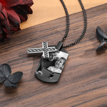 Personalised Cross and Photo Dog Tag Necklace - Custom Photo & Text Memorial Gift for Grandad | Jessmade