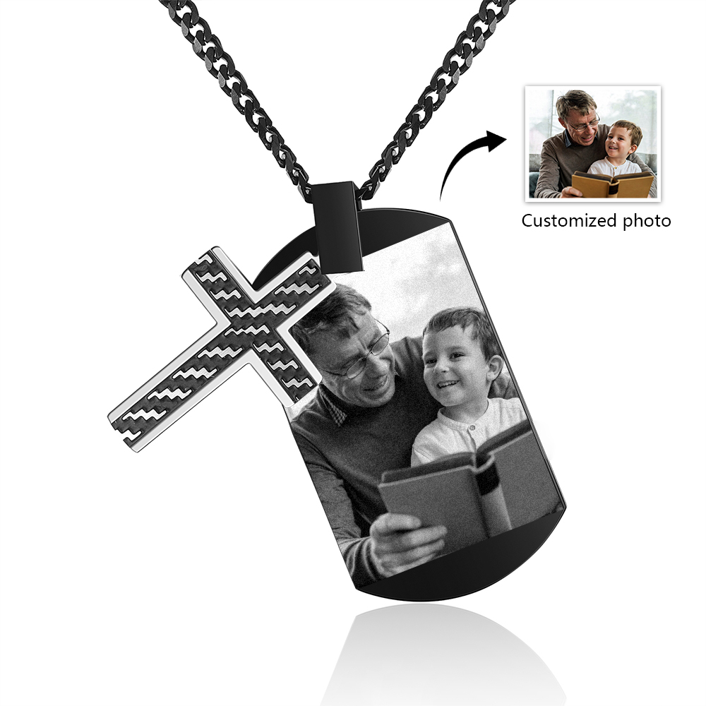 Personalised Cross and Photo Dog Tag Necklace - Custom Photo & Text Memorial Gift for Grandad | Jessmade