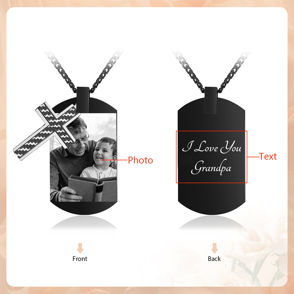 Personalised Cross and Photo Dog Tag Necklace - Custom Photo & Text Memorial Gift for Grandad | Jessmade