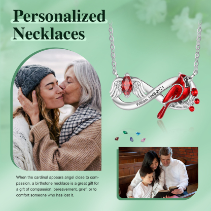 Personalised Angel Wing Cardinal Memorial Necklace with Birthstone Custom Name & Date Engraving Bereavement Gift for Her/Him | Jessemade