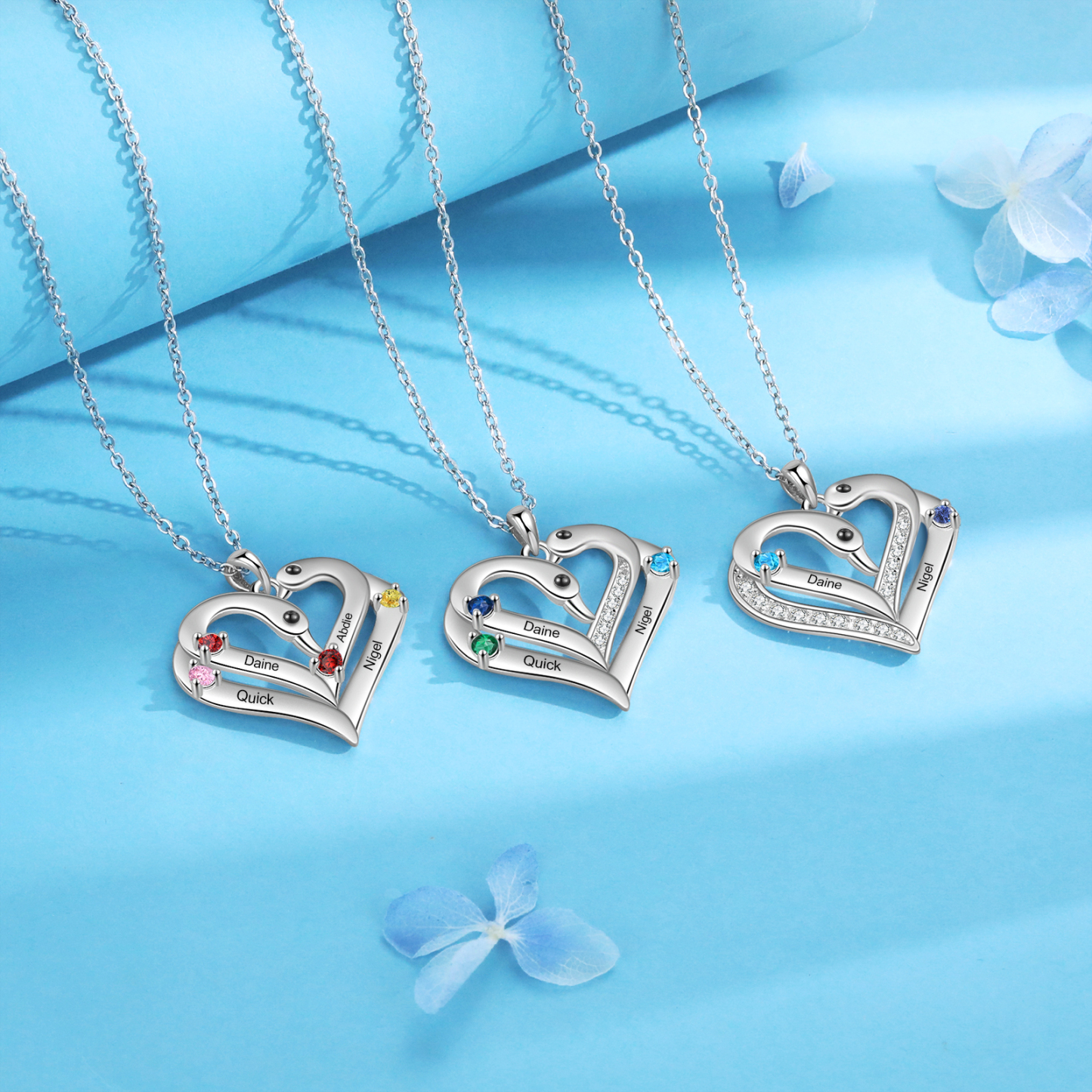 Personalized Heart Necklace – Custom 3 Names & 3 Birthstones Pendant Gift for Mum/Nan | Jessemade