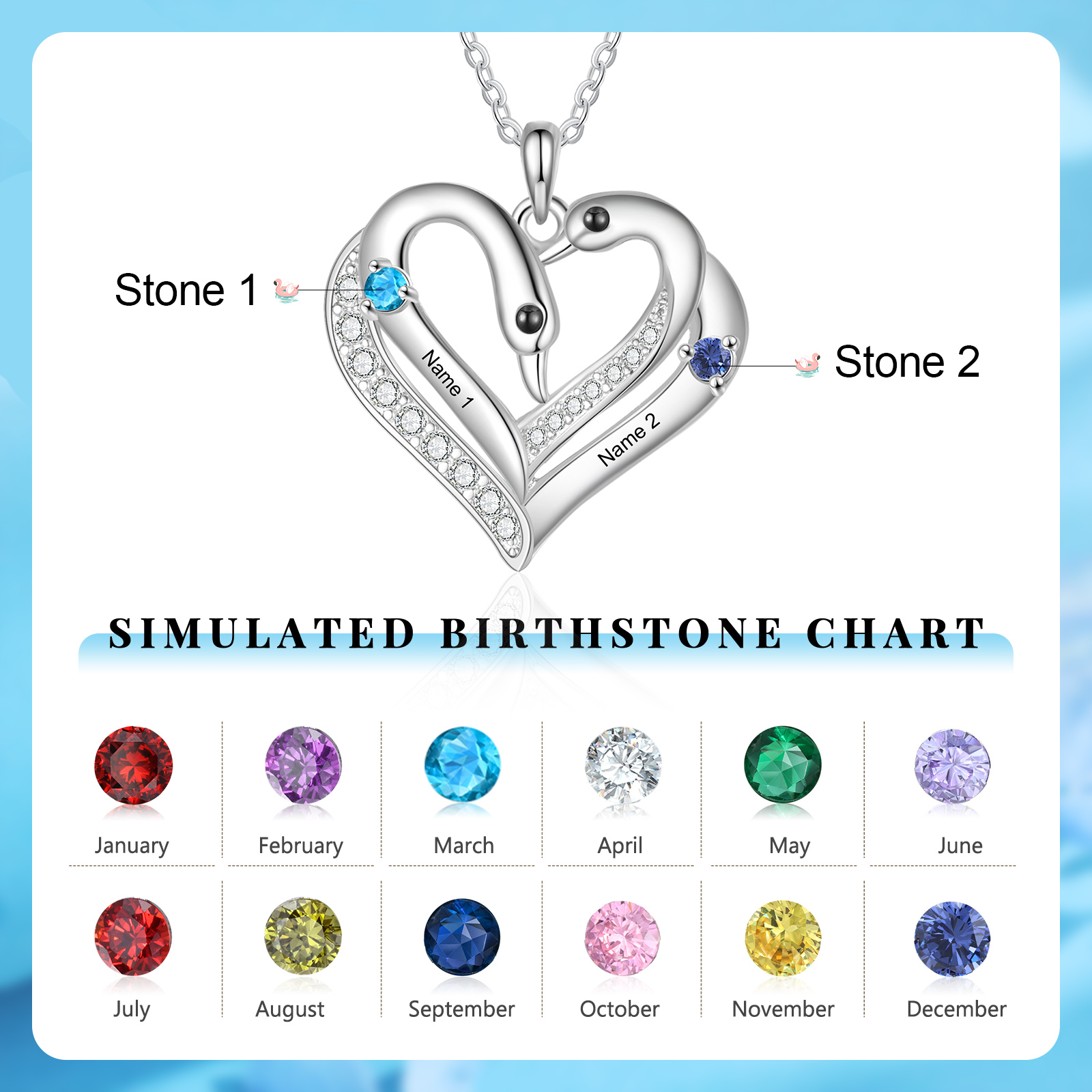 Personalized Heart Necklace – Custom 2 Names & 2 Birthstones Pendant Gift for Mum/Nan | Jessemade