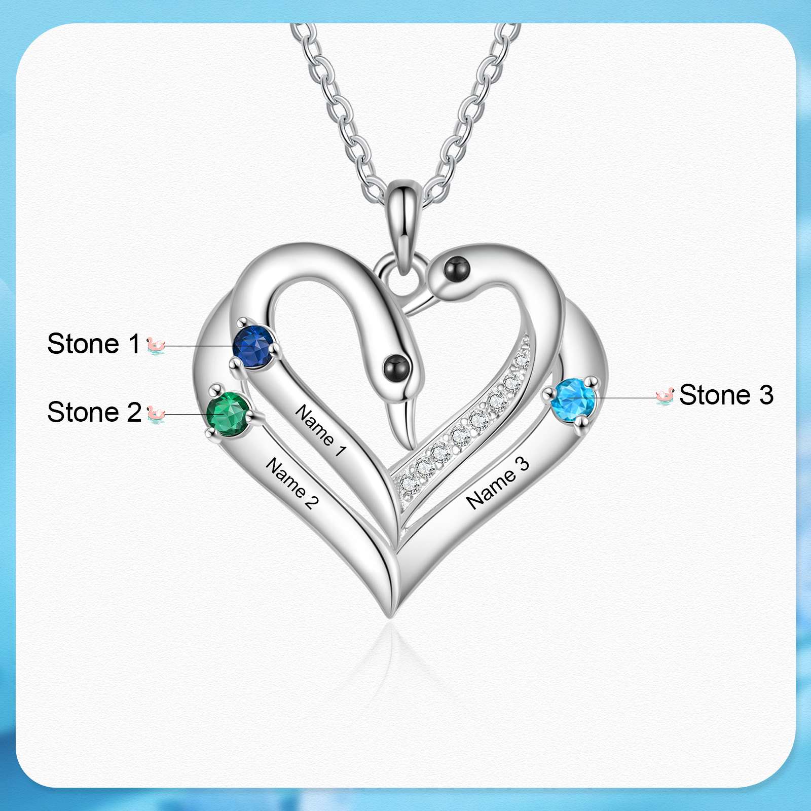 Personalized Heart Necklace – Custom 3 Names & 3 Birthstones Pendant Gift for Mum/Nan | Jessemade