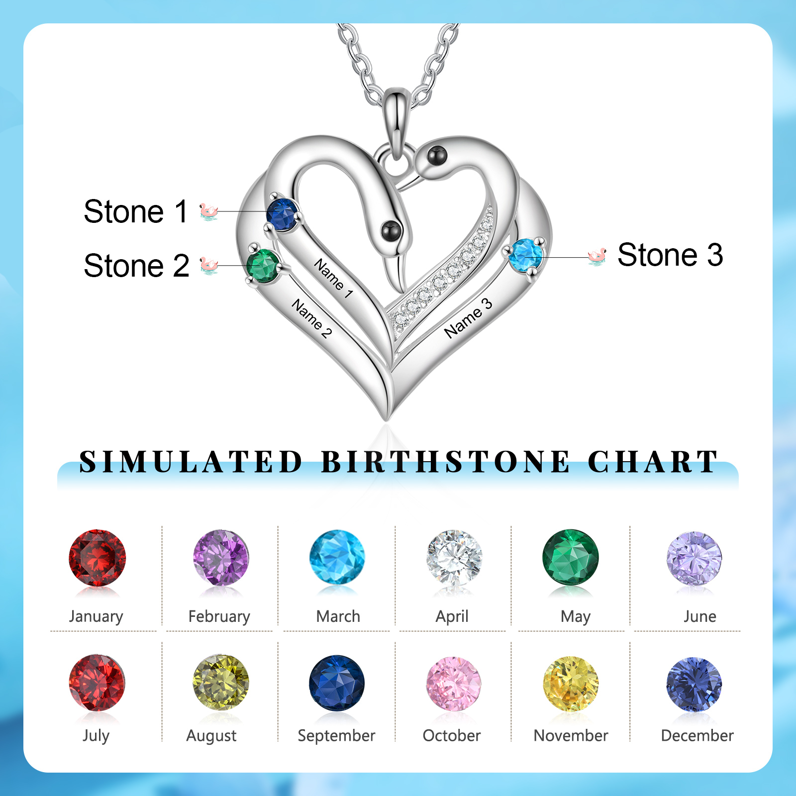 Personalized Heart Necklace – Custom 3 Names & 3 Birthstones Pendant Gift for Mum/Nan | Jessemade