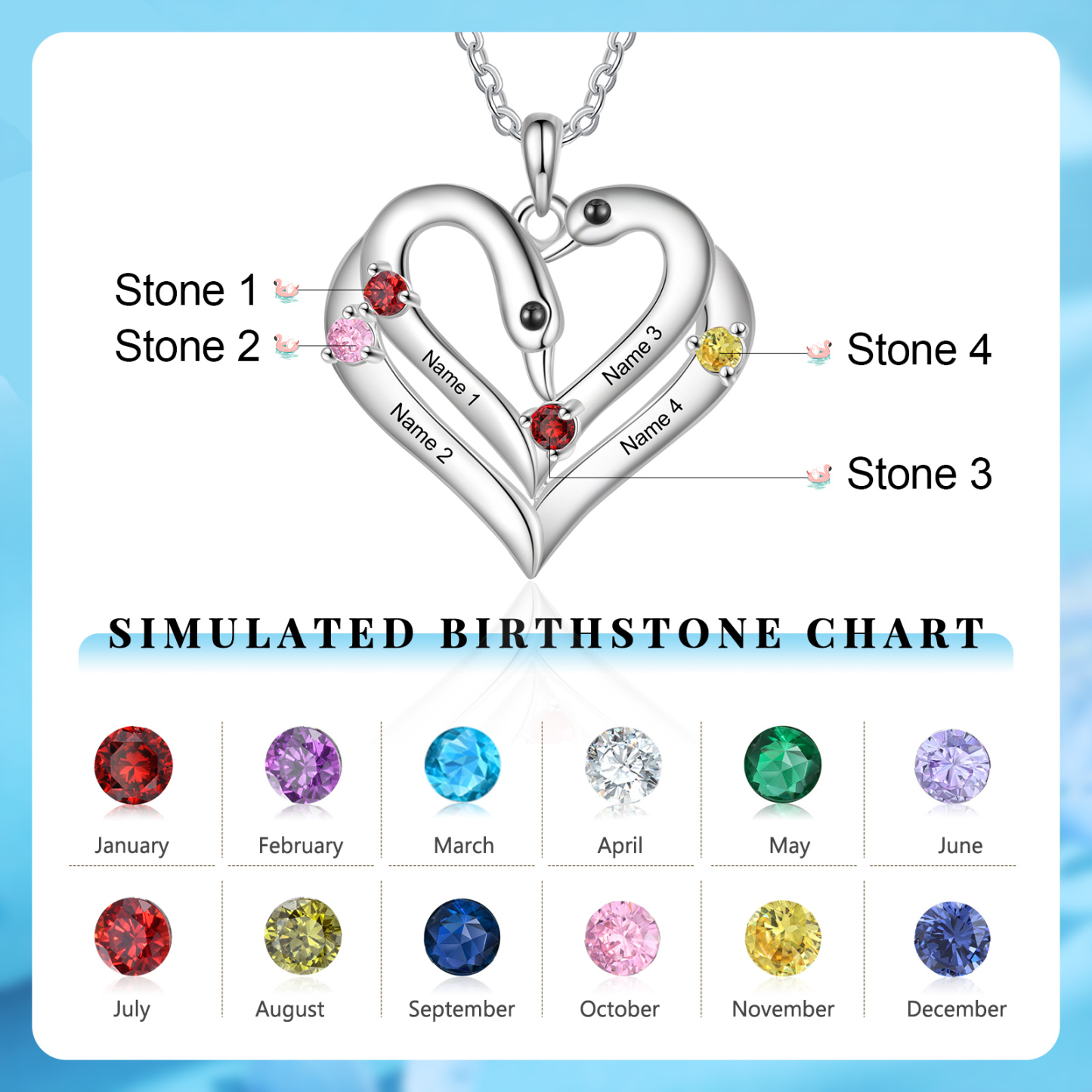 Personalized Heart Necklace – Custom 4 Names & 4 Birthstones Pendant Gift for Mum/Nan | Jessemade