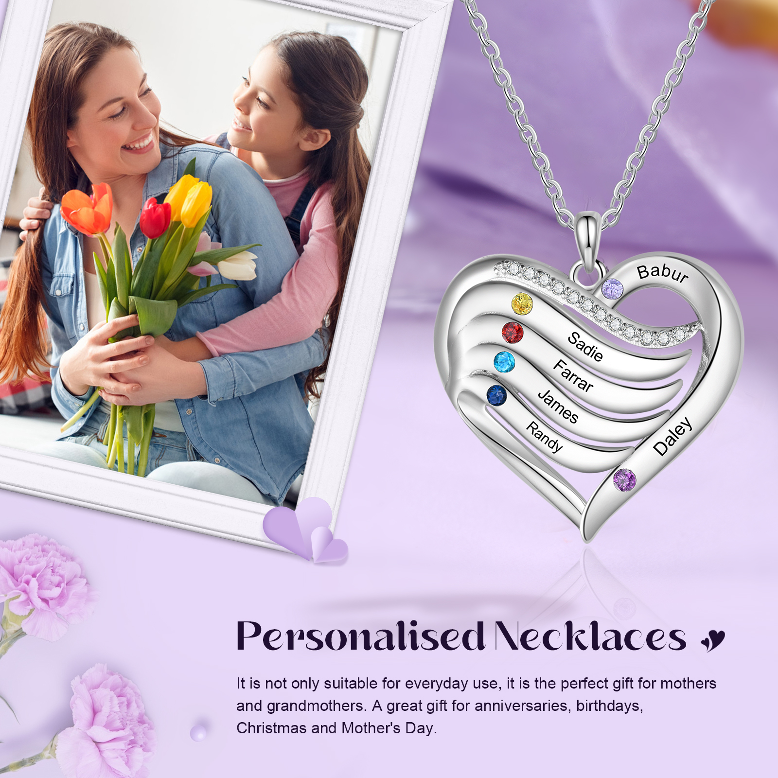 Personalised Hearts Necklace Custom 6 Names & 6 Birthstones Pendant Gifts for Mum/Nan | Jessemade