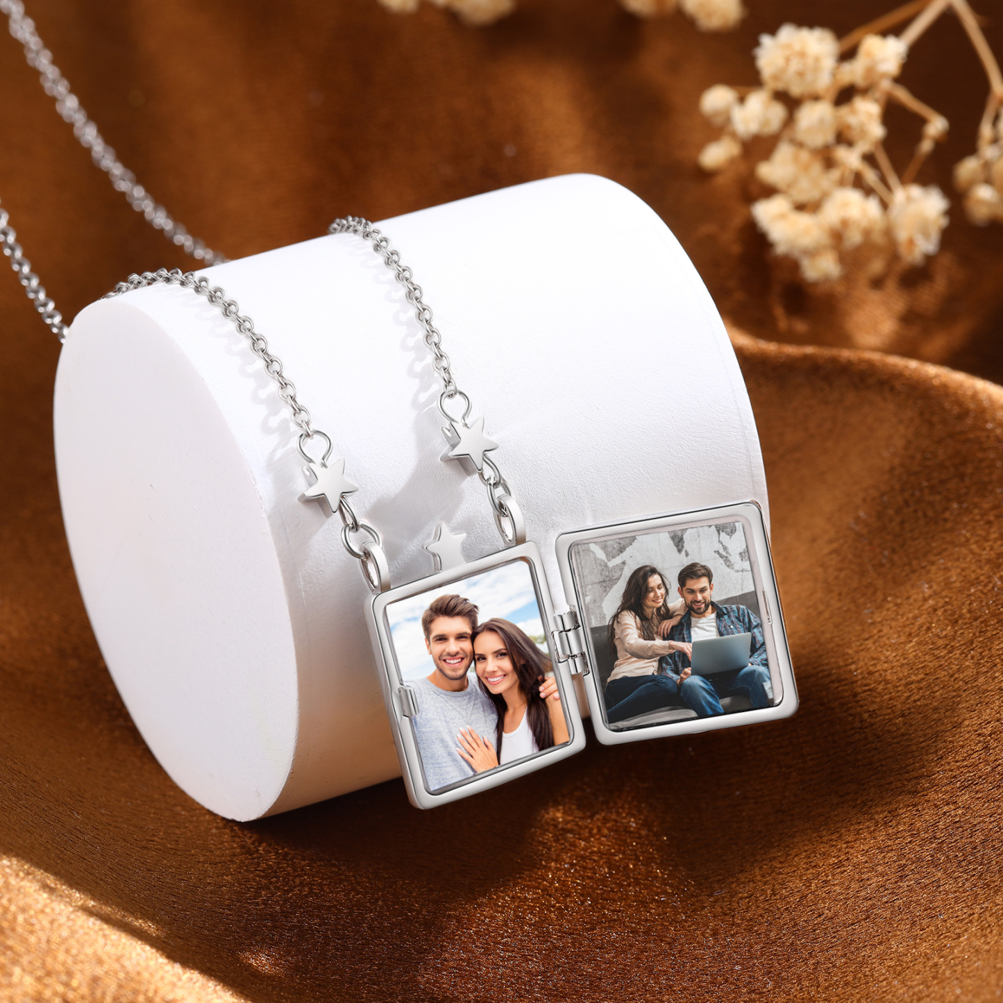 Personalized Opal Galaxy Star Moon Photo Locket Necklace for Women 2 Photo Custom Pendant Gift | Jessemade