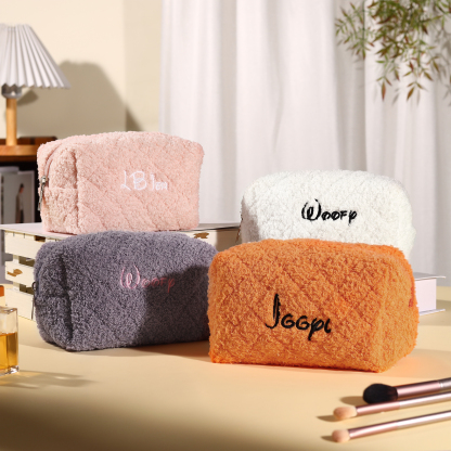 Personalised Embroidered Name Makeup Bag Bridesmaid Cosmetic Pouch Furry Toiletry Organizer Christmas and Bridal Shower Gift Gift for Her | Jessemade
