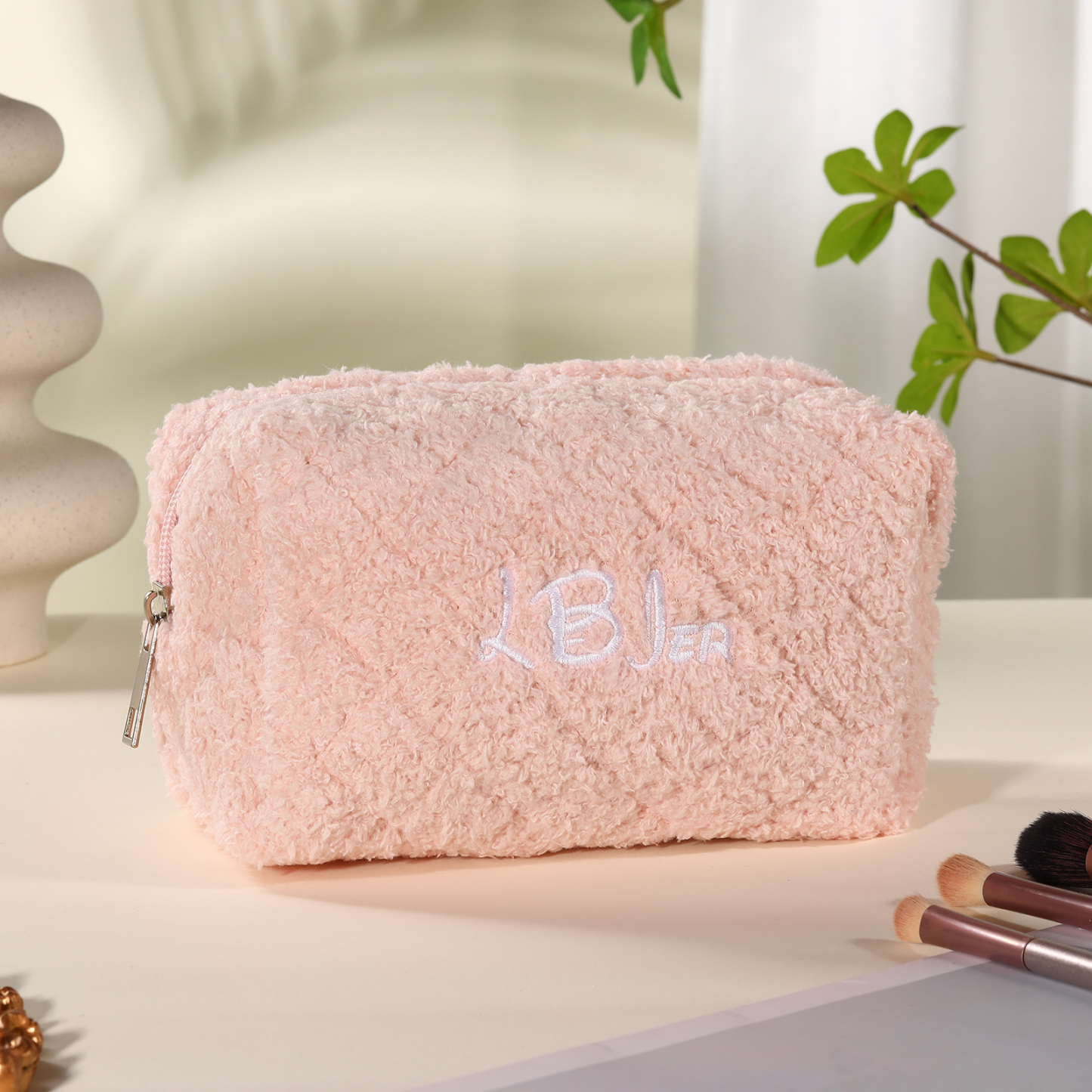 Personalised Embroidered Name Makeup Bag Bridesmaid Cosmetic Pouch Furry Toiletry Organizer Christmas and Bridal Shower Gift Gift for Her | Jessemade