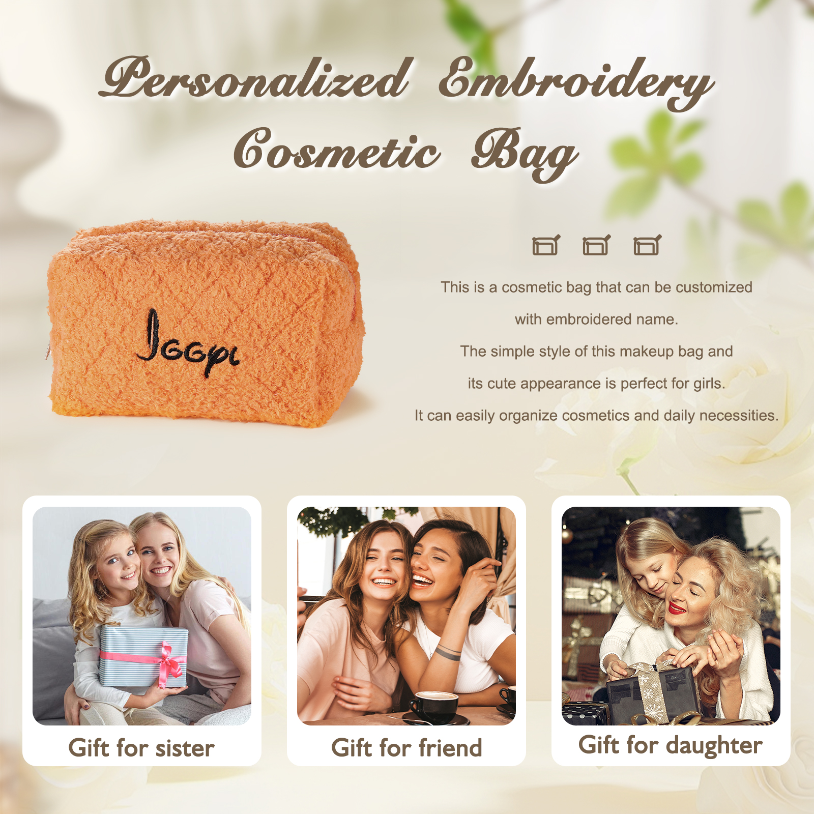 Personalised Embroidered Name Makeup Bag Bridesmaid Cosmetic Pouch Furry Toiletry Organizer Christmas and Bridal Shower Gift Gift for Her | Jessemade