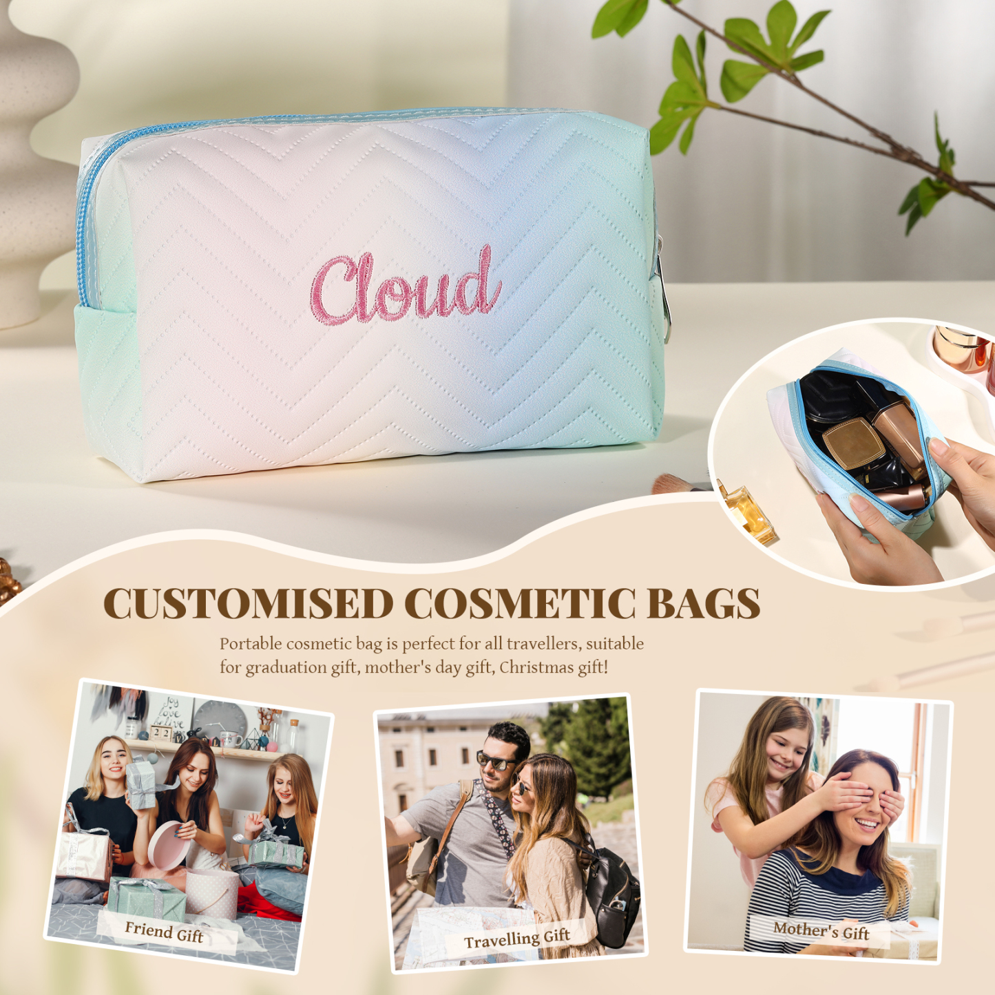 Personalised Gradient Embroidered Cosmetic Bag – Custom Name Toiletry Gift – Pink/Blue/Purple Options Gift for Her | Jessemade