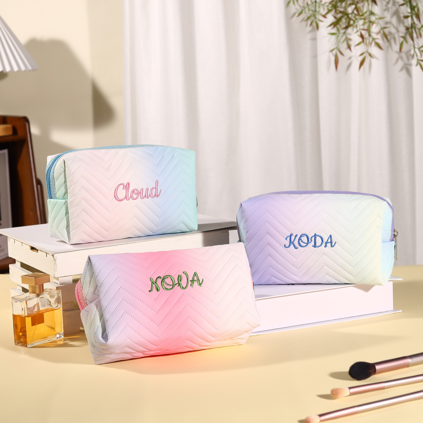 Personalised Gradient Embroidered Cosmetic Bag – Custom Name Toiletry Gift – Pink/Blue/Purple Options Gift for Her | Jessemade