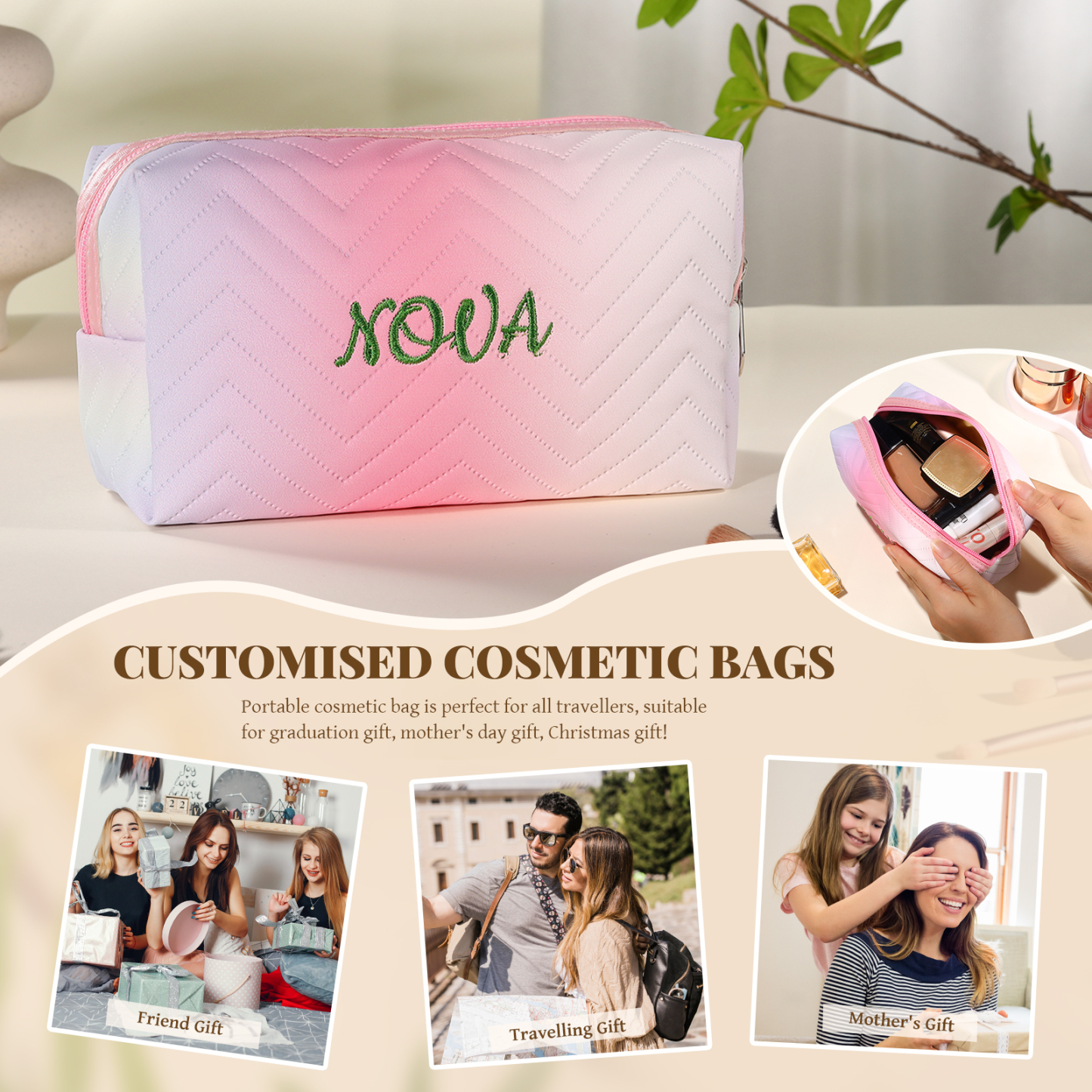 Personalised Gradient Embroidered Cosmetic Bag – Custom Name Toiletry Gift – Pink/Blue/Purple Options Gift for Her | Jessemade