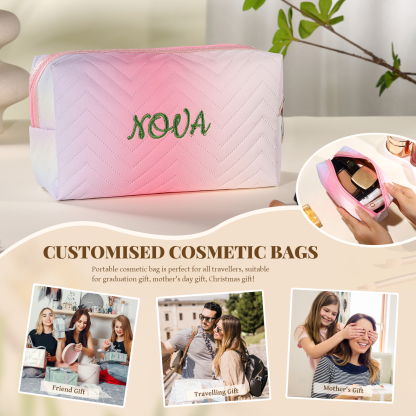Personalised Gradient Embroidered Cosmetic Bag – Custom Name Toiletry Gift – Pink/Blue/Purple Options Gift for Her | Jessemade