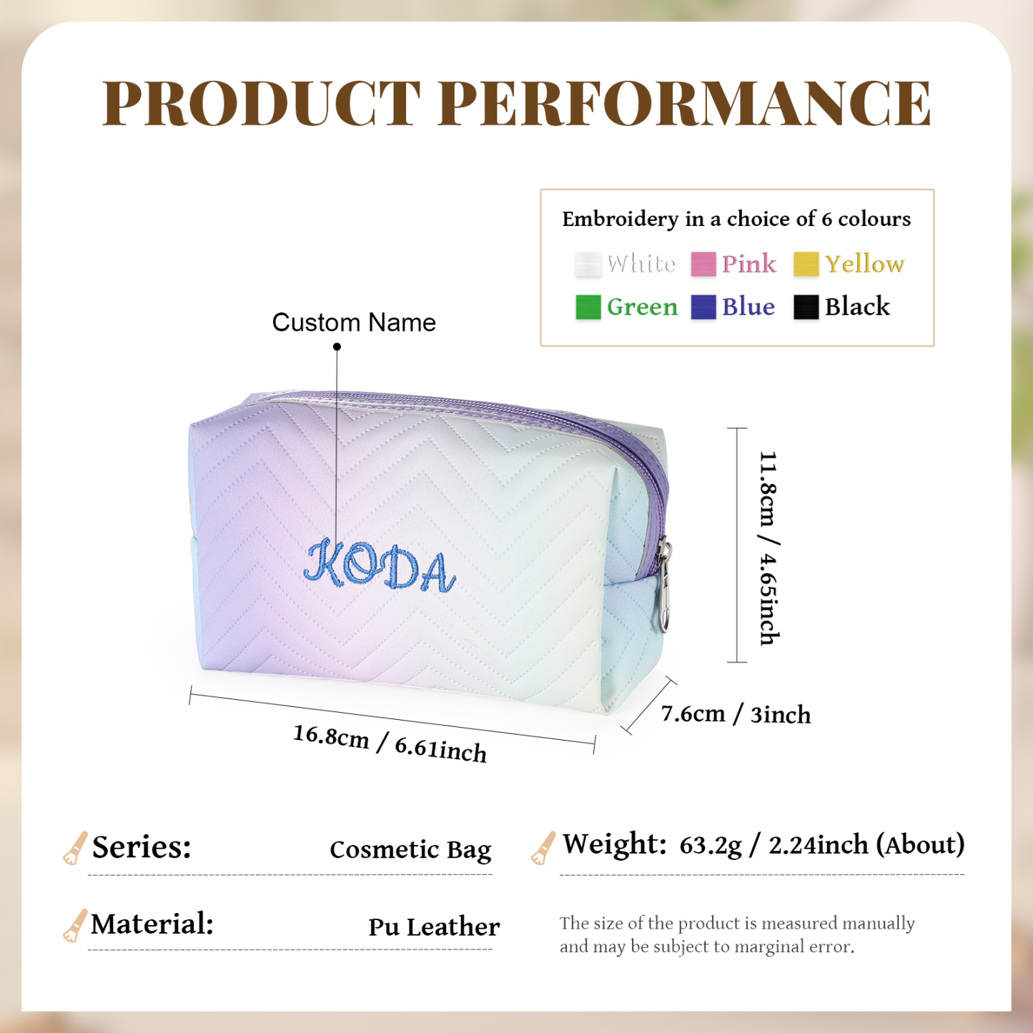 Personalised Gradient Embroidered Cosmetic Bag – Custom Name Toiletry Gift – Pink/Blue/Purple Options Gift for Her | Jessemade