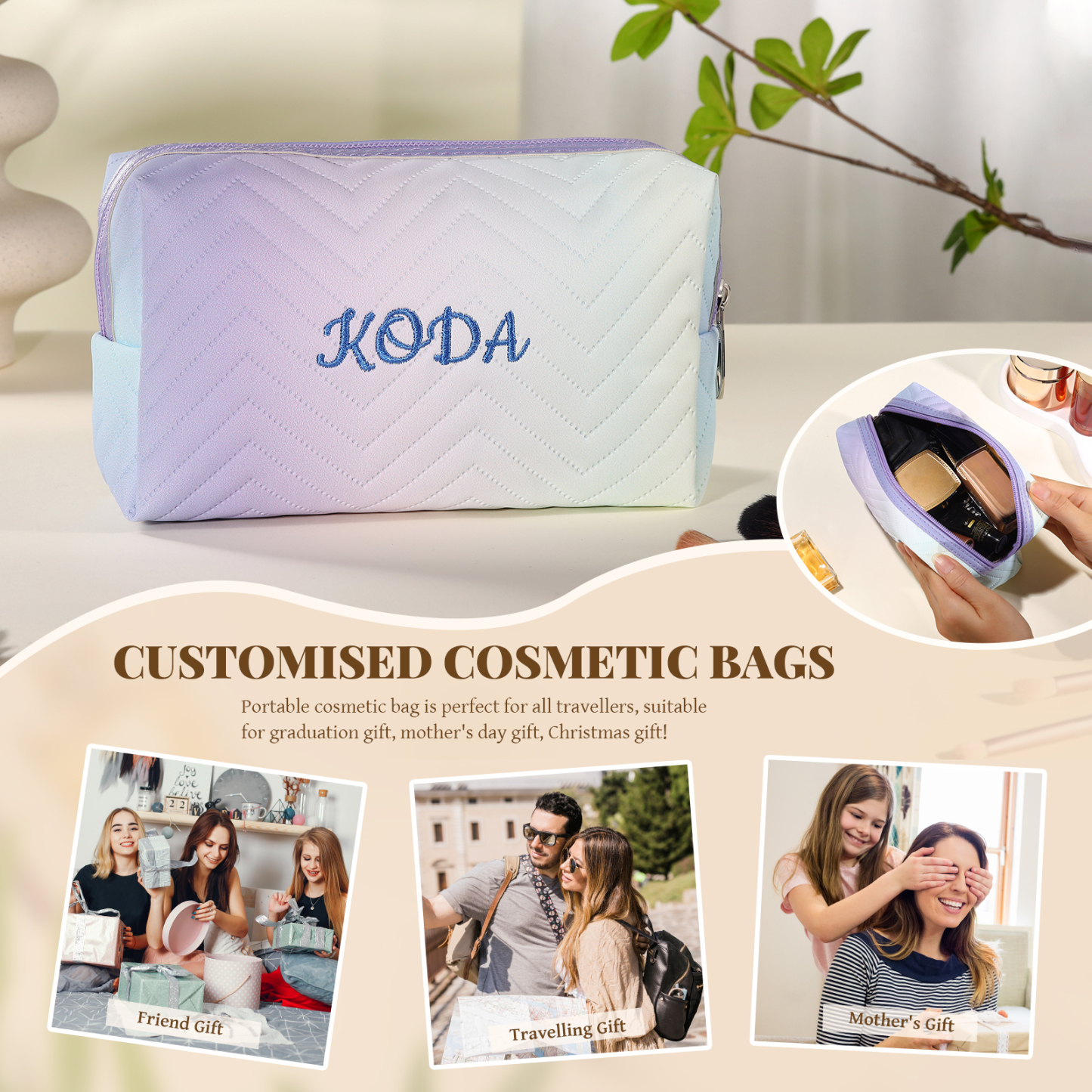 Personalised Gradient Embroidered Cosmetic Bag – Custom Name Toiletry Gift – Pink/Blue/Purple Options Gift for Her | Jessemade