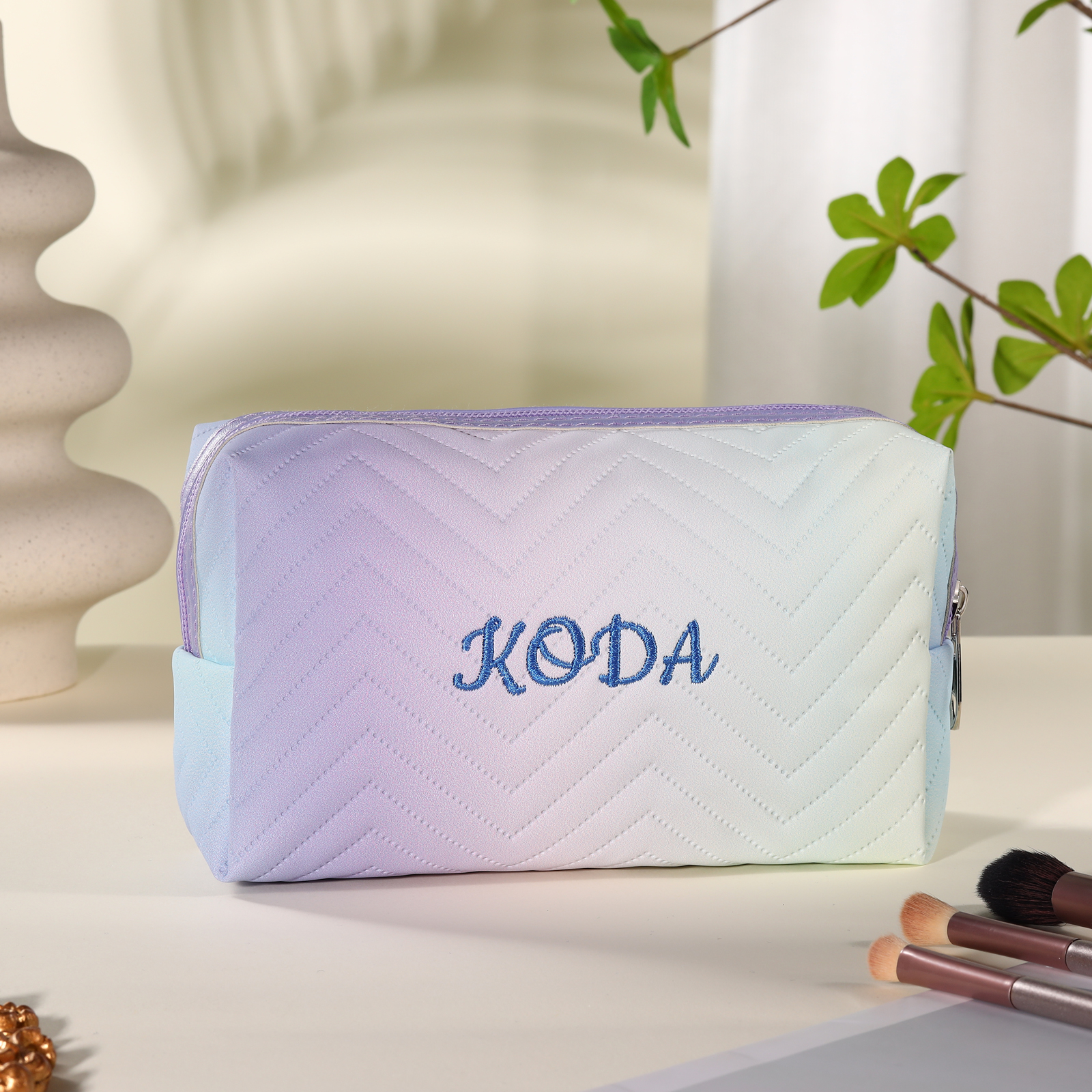 Personalised Gradient Embroidered Cosmetic Bag – Custom Name Toiletry Gift – Pink/Blue/Purple Options Gift for Her | Jessemade