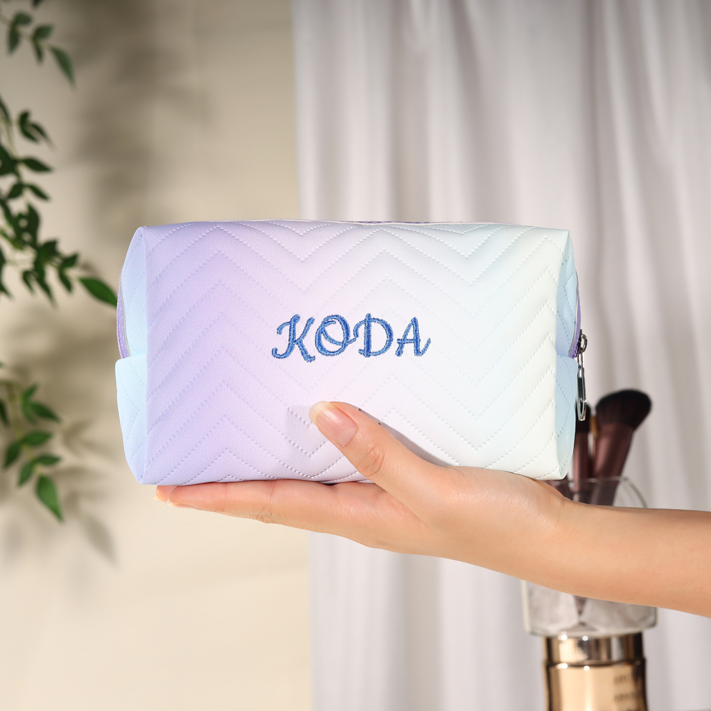 Personalised Gradient Embroidered Cosmetic Bag – Custom Name Toiletry Gift – Pink/Blue/Purple Options Gift for Her | Jessemade