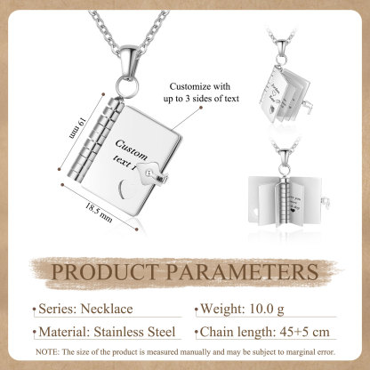 Personalized Steel Petite Book Locket Necklace Custom Message Pendant Charm Perfect Gift for Her | Jessemade