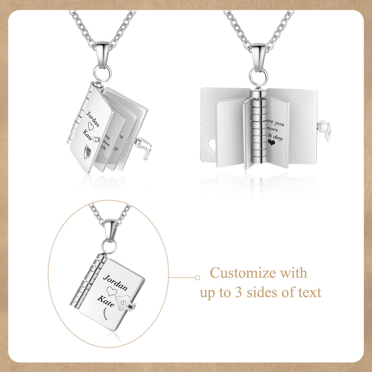 Personalized Steel Petite Book Locket Necklace Custom Message Pendant Charm Perfect Gift for Her | Jessemade